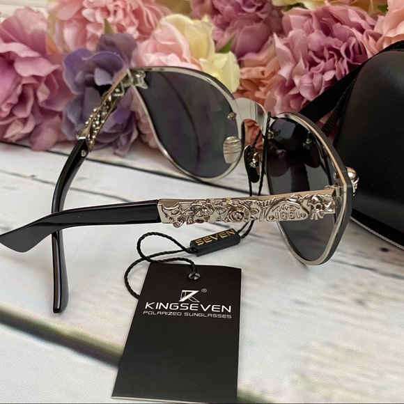 KINGSEVEN Silver Gothic Skull Rimless Cat Eye Sunglasses - Picture 10 of 16